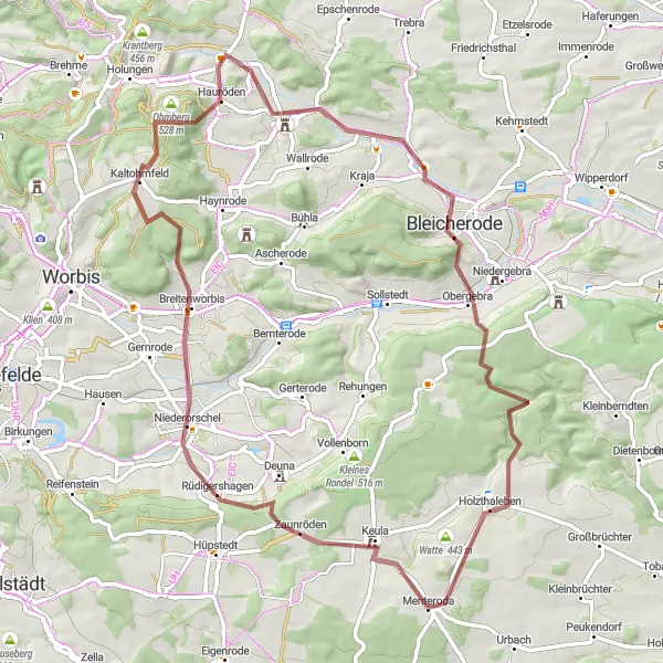 Karten-Miniaturansicht der Radinspiration "Abenteuerliche Kiesweg-Radtour durch Niederorschel und Bischofferode" in Thüringen, Germany. Erstellt vom Tarmacs.app-Routenplaner für Radtouren