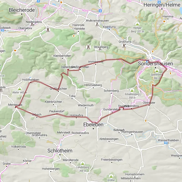 Map miniature of "Menteroda Gravel" cycling inspiration in Thüringen, Germany. Generated by Tarmacs.app cycling route planner