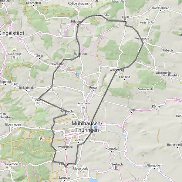Karten-Miniaturansicht der Radinspiration "Historische Straßenradtour nach Zaunröden und Oberdorla" in Thüringen, Germany. Erstellt vom Tarmacs.app-Routenplaner für Radtouren