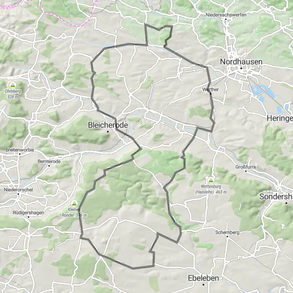Map miniature of "A Road Challenge in Thüringen" cycling inspiration in Thüringen, Germany. Generated by Tarmacs.app cycling route planner