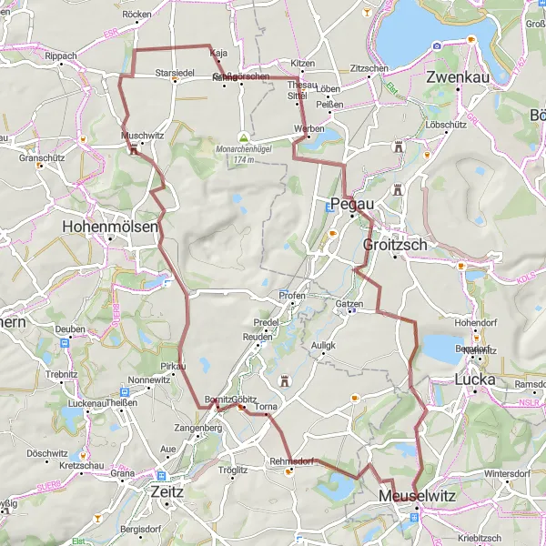 Karten-Miniaturansicht der Radinspiration "Kreisfahrradtour durch Rehmsdorf und Pegau" in Thüringen, Germany. Erstellt vom Tarmacs.app-Routenplaner für Radtouren