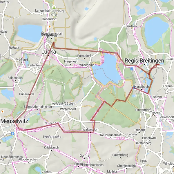 Map miniature of "Lucka and Aussichtsturm Haselbacher Teiche" cycling inspiration in Thüringen, Germany. Generated by Tarmacs.app cycling route planner