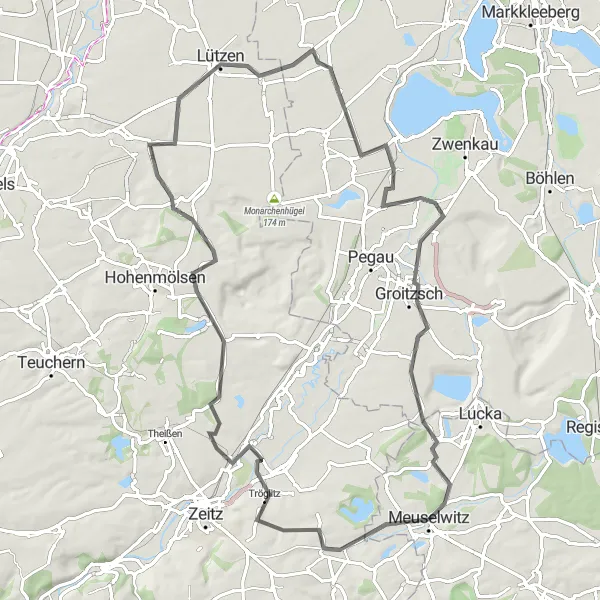 Map miniature of "Discovering Meuselwitz and its Surroundings on Two Wheels" cycling inspiration in Thüringen, Germany. Generated by Tarmacs.app cycling route planner