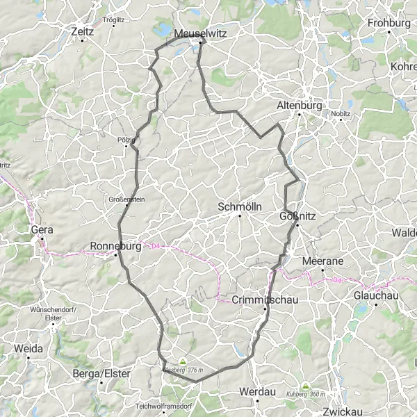 Map miniature of "Tegkwitz and Seelingstädt" cycling inspiration in Thüringen, Germany. Generated by Tarmacs.app cycling route planner
