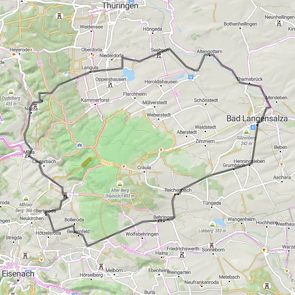 Map miniature of "Mihla and Altengottern Road Route" cycling inspiration in Thüringen, Germany. Generated by Tarmacs.app cycling route planner