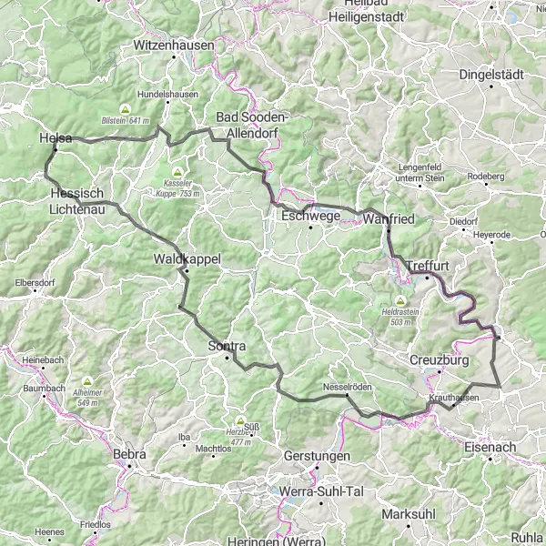 Karten-Miniaturansicht der Radinspiration "Hörschelberg bis Adolfsburg Herausforderung" in Thüringen, Germany. Erstellt vom Tarmacs.app-Routenplaner für Radtouren