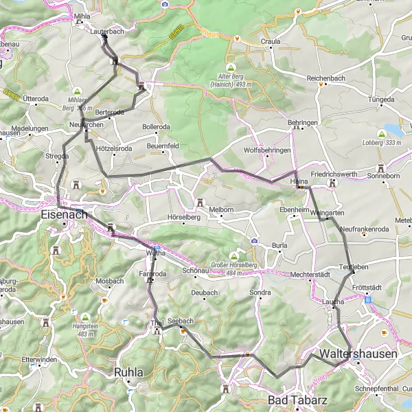Map miniature of "Road of Thrilling Ascents" cycling inspiration in Thüringen, Germany. Generated by Tarmacs.app cycling route planner