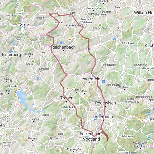 Karten-Miniaturansicht der Radinspiration "Abenteuerliche Tour nach Treuen und Mylau" in Thüringen, Germany. Erstellt vom Tarmacs.app-Routenplaner für Radtouren