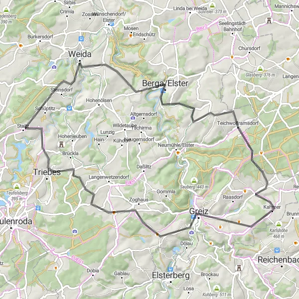 Karten-Miniaturansicht der Radinspiration "Kulturreise nach Berga/Elster und Greiz" in Thüringen, Germany. Erstellt vom Tarmacs.app-Routenplaner für Radtouren
