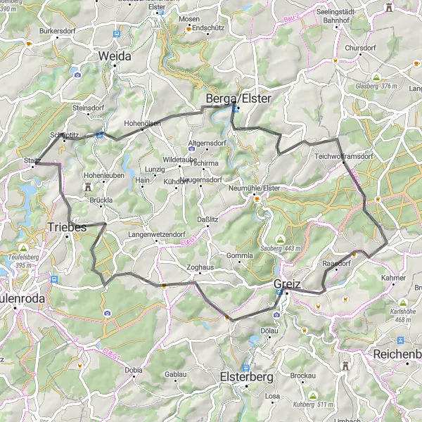 Karten-Miniaturansicht der Radinspiration "Rund um Greiz und Berga/Elster" in Thüringen, Germany. Erstellt vom Tarmacs.app-Routenplaner für Radtouren