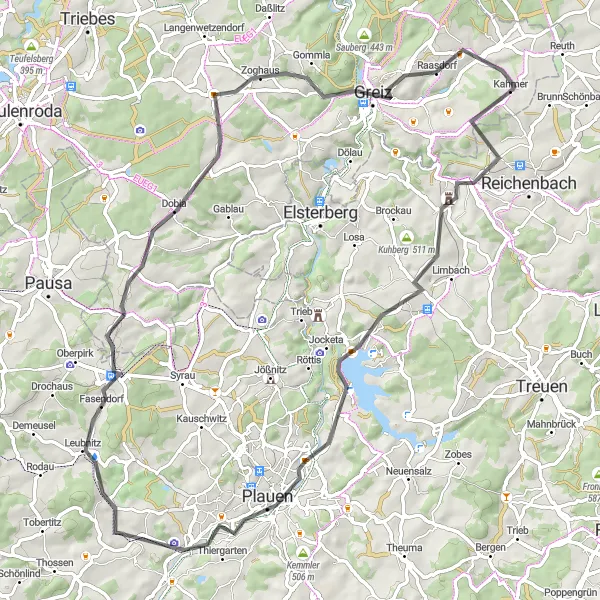 Karten-Miniaturansicht der Radinspiration "Rund um Mohlsdorf mit atemberaubenden Ausblicken" in Thüringen, Germany. Erstellt vom Tarmacs.app-Routenplaner für Radtouren