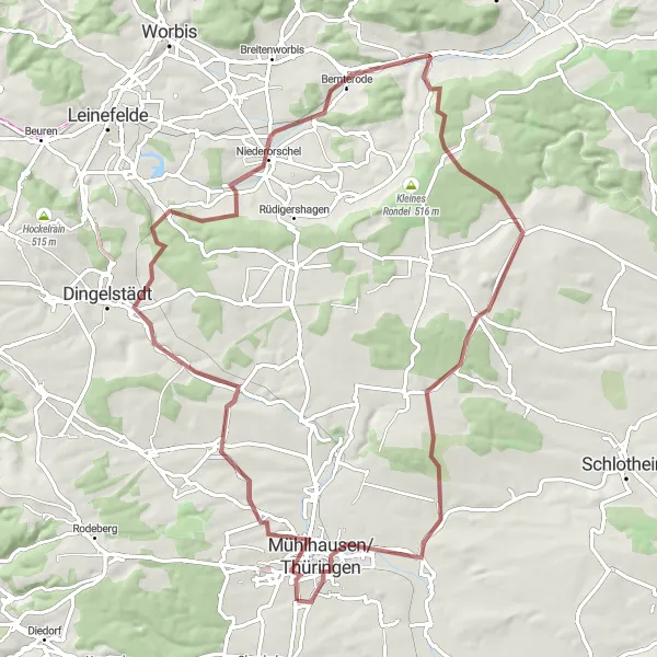 Map miniature of "Gravel Adventure: Mühlhausen Loop" cycling inspiration in Thüringen, Germany. Generated by Tarmacs.app cycling route planner
