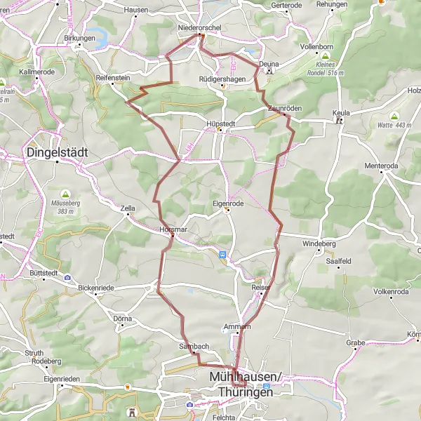 Map miniature of "Niederorschel Gravel Loop" cycling inspiration in Thüringen, Germany. Generated by Tarmacs.app cycling route planner