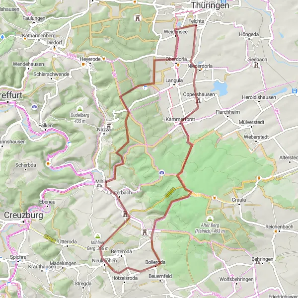 Map miniature of "Enchanting Gravel Expedition" cycling inspiration in Thüringen, Germany. Generated by Tarmacs.app cycling route planner