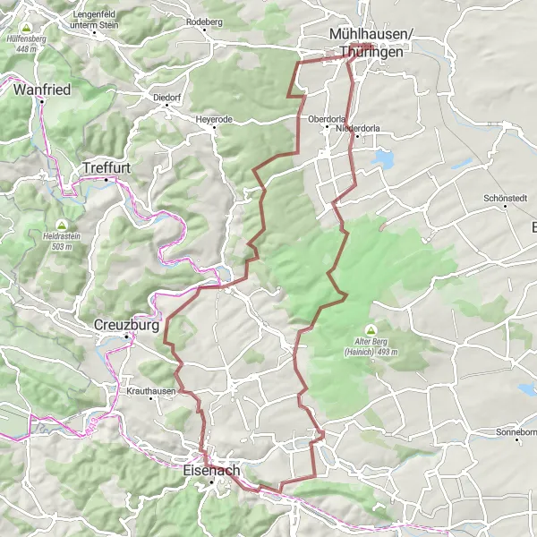 Karten-Miniaturansicht der Radinspiration "Wernershäuser Höhe und Berka vor dem Hainich" in Thüringen, Germany. Erstellt vom Tarmacs.app-Routenplaner für Radtouren