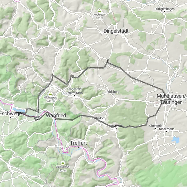 Map miniature of "Cycling Tour around Mühlhausen" cycling inspiration in Thüringen, Germany. Generated by Tarmacs.app cycling route planner