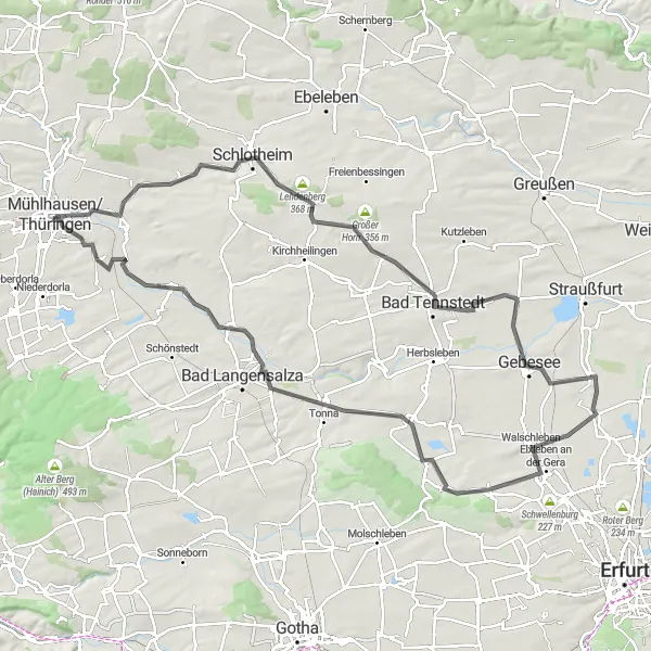 Map miniature of "Road Cycling Route: Unique Mühlhausen Loop" cycling inspiration in Thüringen, Germany. Generated by Tarmacs.app cycling route planner