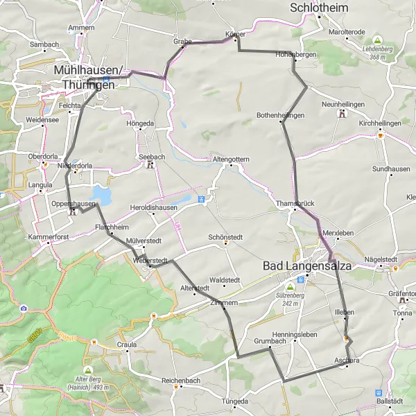 Karten-Miniaturansicht der Radinspiration "Historische Rundtour durch die Region Mühlhausen" in Thüringen, Germany. Erstellt vom Tarmacs.app-Routenplaner für Radtouren