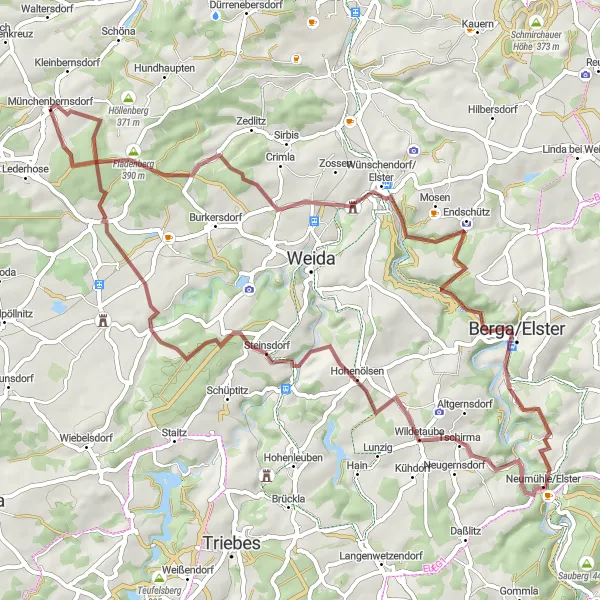 Map miniature of "Elster-Reise" cycling inspiration in Thüringen, Germany. Generated by Tarmacs.app cycling route planner