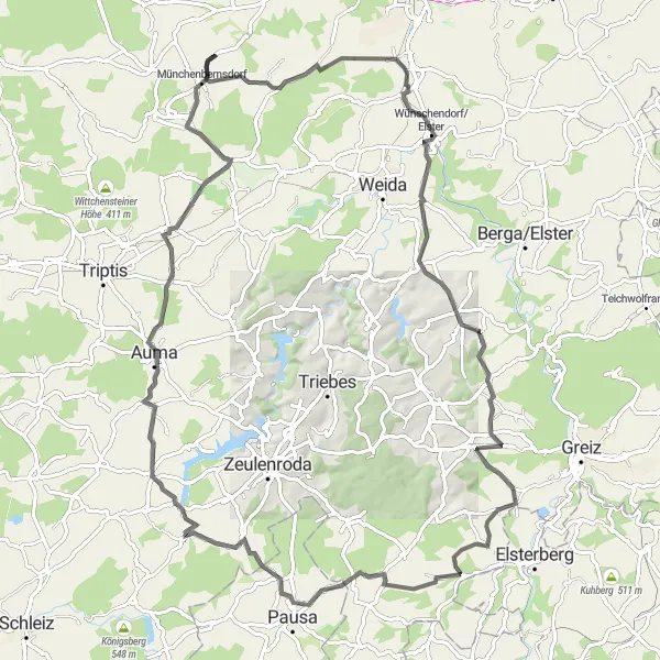 Map miniature of "Zoitzberg Challenge" cycling inspiration in Thüringen, Germany. Generated by Tarmacs.app cycling route planner