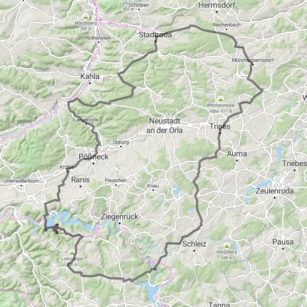 Map miniature of "Thuringian Adventure" cycling inspiration in Thüringen, Germany. Generated by Tarmacs.app cycling route planner