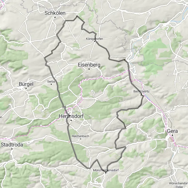 Map miniature of "Road Cycling Delight" cycling inspiration in Thüringen, Germany. Generated by Tarmacs.app cycling route planner