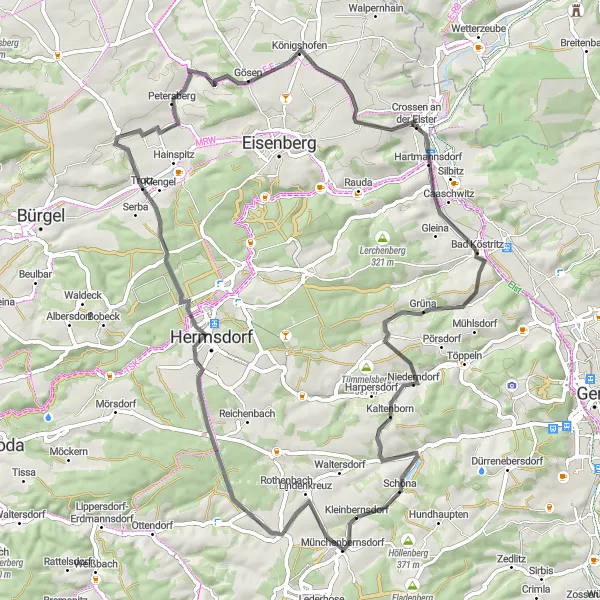 Karten-Miniaturansicht der Radinspiration "Abenteuer in Ostthüringen" in Thüringen, Germany. Erstellt vom Tarmacs.app-Routenplaner für Radtouren