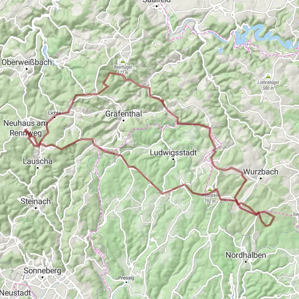 Map miniature of "The Ultimate Challenge" cycling inspiration in Thüringen, Germany. Generated by Tarmacs.app cycling route planner