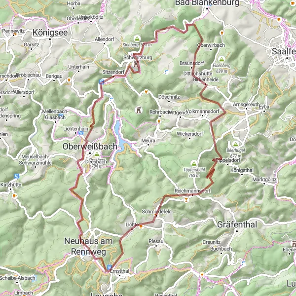 Map miniature of "Explore the Gravel Paths of Thüringen" cycling inspiration in Thüringen, Germany. Generated by Tarmacs.app cycling route planner