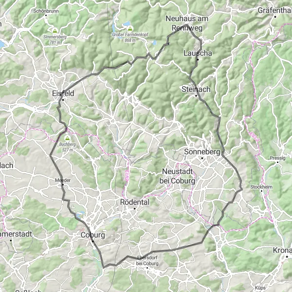 Map miniature of "Thüringer Wald Loop" cycling inspiration in Thüringen, Germany. Generated by Tarmacs.app cycling route planner