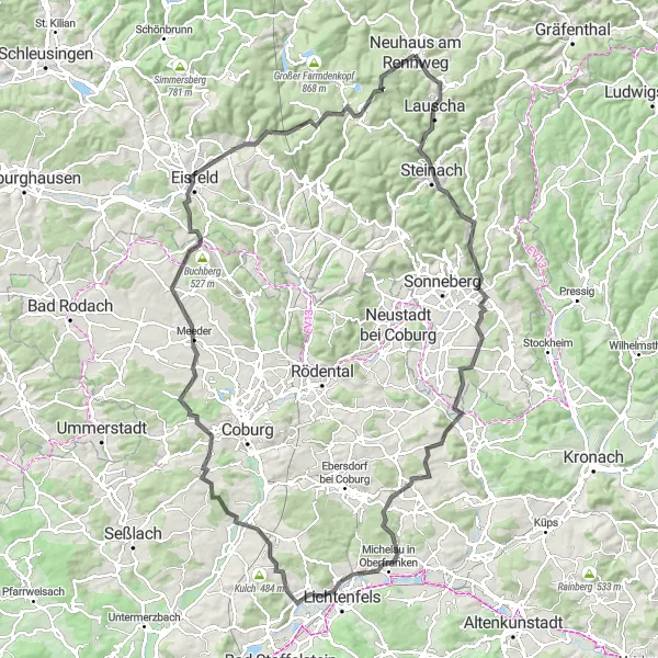 Karten-Miniaturansicht der Radinspiration "Historische Fahrt nach Lichtenfels und Meeder" in Thüringen, Germany. Erstellt vom Tarmacs.app-Routenplaner für Radtouren