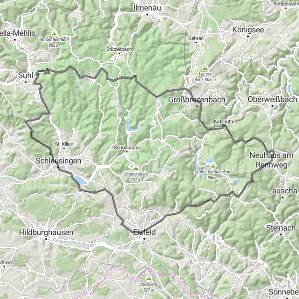 Map miniature of "The Rennsteig Route" cycling inspiration in Thüringen, Germany. Generated by Tarmacs.app cycling route planner