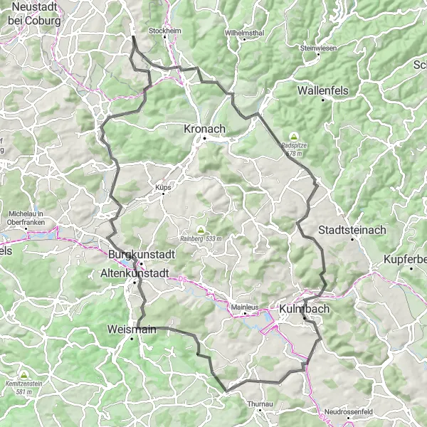 Karten-Miniaturansicht der Radinspiration "Panorama Tour um Kulmbach" in Thüringen, Germany. Erstellt vom Tarmacs.app-Routenplaner für Radtouren