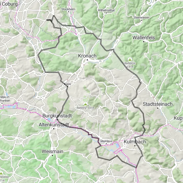 Karten-Miniaturansicht der Radinspiration "Erlebnisreiche Radrunde um Kulmbach" in Thüringen, Germany. Erstellt vom Tarmacs.app-Routenplaner für Radtouren