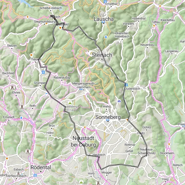 Karten-Miniaturansicht der Radinspiration "Genussvolle Radtour durch Steinach und Sonneberg" in Thüringen, Germany. Erstellt vom Tarmacs.app-Routenplaner für Radtouren