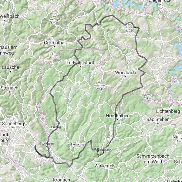 Map miniature of "Mountain Challenge: Exploring Thüringen's Peaks" cycling inspiration in Thüringen, Germany. Generated by Tarmacs.app cycling route planner