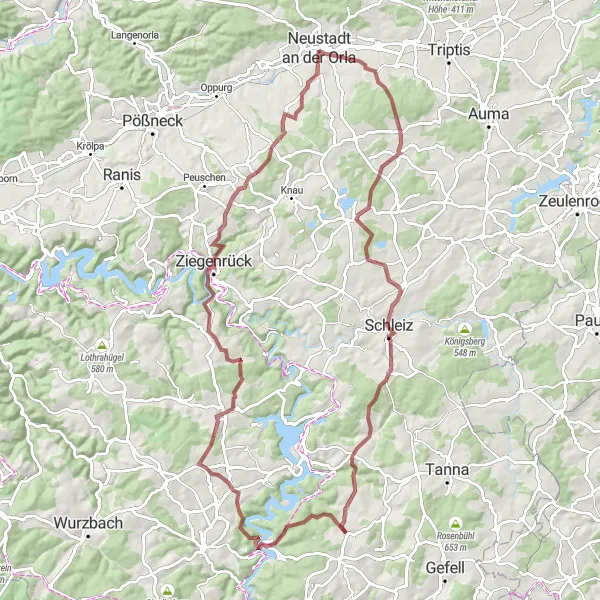 Map miniature of "The Gravel Adventure: Neustadt an der Orla - Heinrichstein - Neustadt an der Orla" cycling inspiration in Thüringen, Germany. Generated by Tarmacs.app cycling route planner