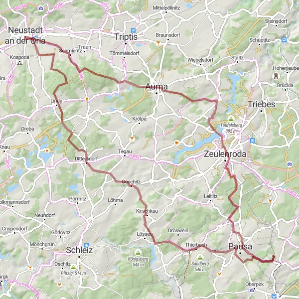 Map miniature of "Gravel Flavors of Neustadt" cycling inspiration in Thüringen, Germany. Generated by Tarmacs.app cycling route planner