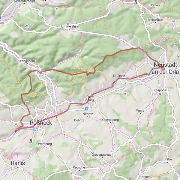 Karten-Miniaturansicht der Radinspiration "Gravel-Abenteuer um Neustadt an der Orla" in Thüringen, Germany. Erstellt vom Tarmacs.app-Routenplaner für Radtouren