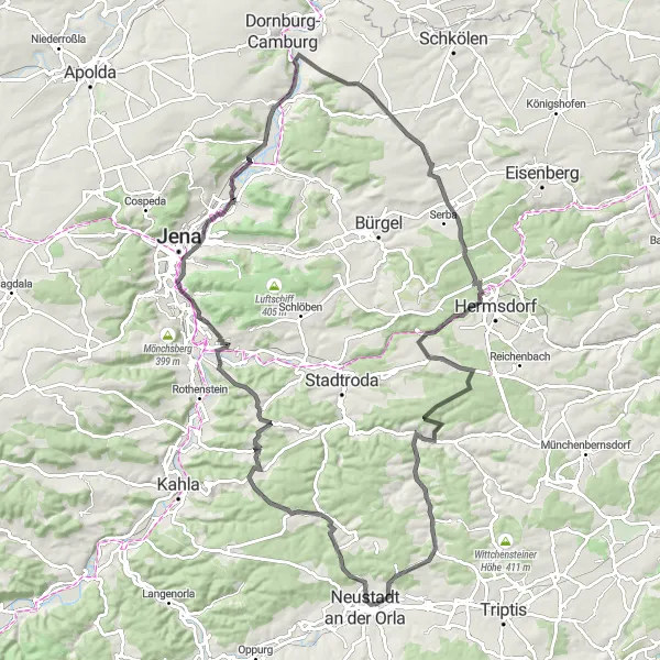 Map miniature of "Challenging Ride Through Jena Hills" cycling inspiration in Thüringen, Germany. Generated by Tarmacs.app cycling route planner