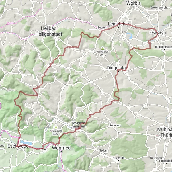 Map miniature of "Alte Burg-Silberhausen-Ochsenkopf-Lengenfeld unterm Stein-Eschwege-Weißer Graben-Schlittstein-Geisleden-Breitenholz-Breitenholzer Berg Gravel Route" cycling inspiration in Thüringen, Germany. Generated by Tarmacs.app cycling route planner