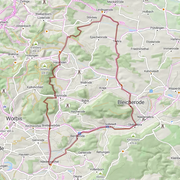 Karten-Miniaturansicht der Radinspiration "Natur und Geschichte in Nordthüringen" in Thüringen, Germany. Erstellt vom Tarmacs.app-Routenplaner für Radtouren