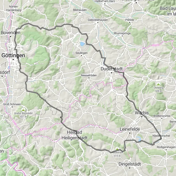 Map miniature of "Köpfchen-Kallmerode-Streitholz-Drachenberg-Geismar-Dorfblick-Renshausen-Germershausen-Sulbergwarte-Wintzingerode-Kanstein Road Route" cycling inspiration in Thüringen, Germany. Generated by Tarmacs.app cycling route planner