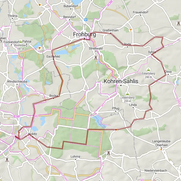 Map miniature of "Gravel Adventure around Nobitz" cycling inspiration in Thüringen, Germany. Generated by Tarmacs.app cycling route planner