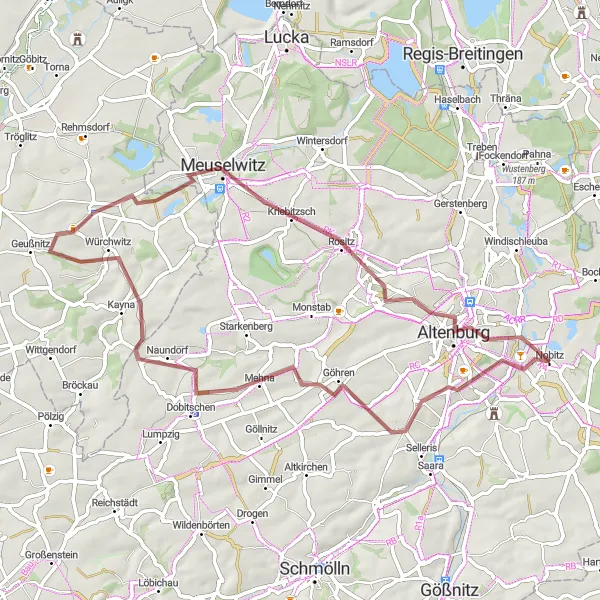 Map miniature of "Hills and Historic Towns Gravel Route" cycling inspiration in Thüringen, Germany. Generated by Tarmacs.app cycling route planner