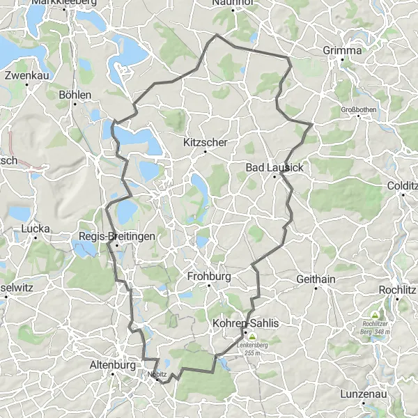 Map miniature of "Nobitz and Surrounding Views" cycling inspiration in Thüringen, Germany. Generated by Tarmacs.app cycling route planner
