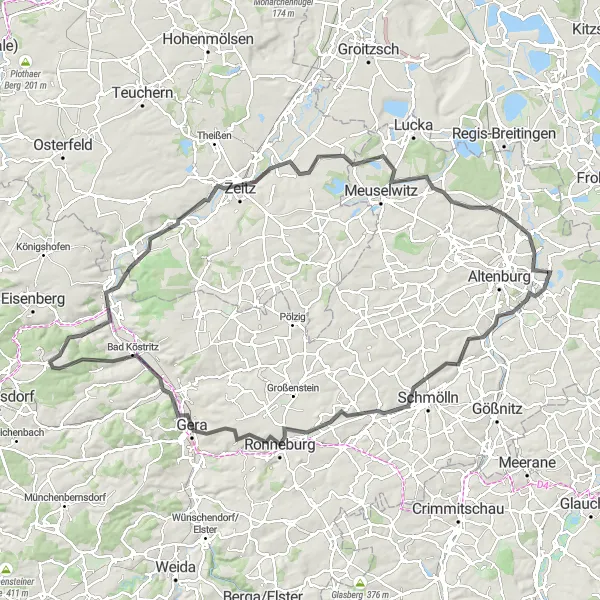 Karten-Miniaturansicht der Radinspiration "Große Rundtour von Nobitz nach Zeitz" in Thüringen, Germany. Erstellt vom Tarmacs.app-Routenplaner für Radtouren