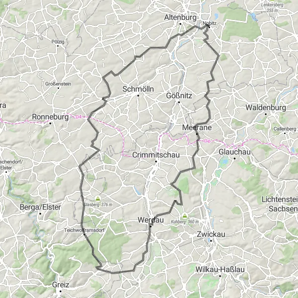 Karten-Miniaturansicht der Radinspiration "Rundtour von Nobitz nach Paditzer Schanzen" in Thüringen, Germany. Erstellt vom Tarmacs.app-Routenplaner für Radtouren