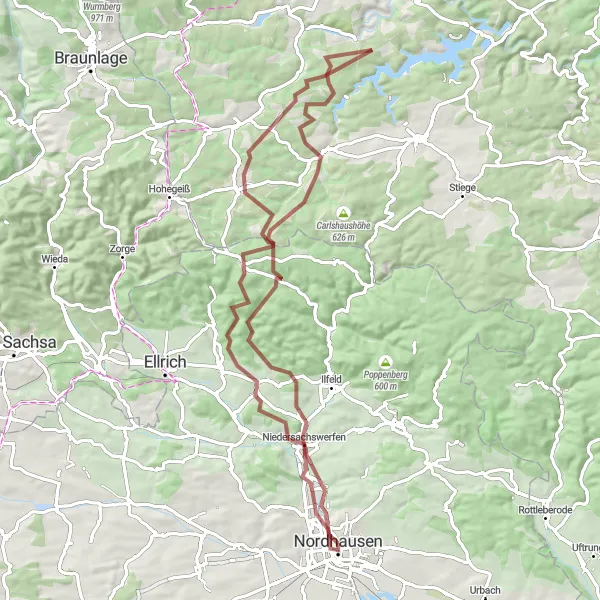 Karten-Miniaturansicht der Radinspiration "Abenteuerliche Fahrt durch den Harz und das Kyffhäusergebirge" in Thüringen, Germany. Erstellt vom Tarmacs.app-Routenplaner für Radtouren