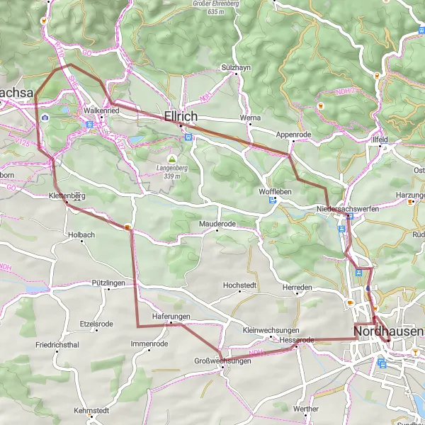 Map miniature of "Nordhausen - Haferunger Berg Loop" cycling inspiration in Thüringen, Germany. Generated by Tarmacs.app cycling route planner